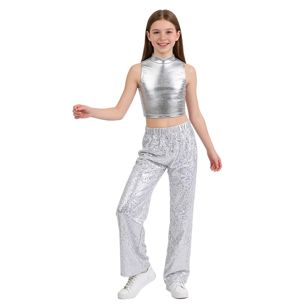 Kids Jazz Dance Costume Sleeveless Mock Neck Metallic Top and High Waist Sparkle Sequin Pants for Stage Competition