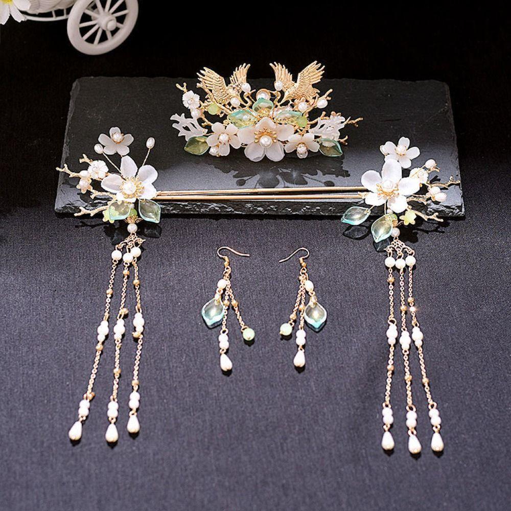 Light Colors Bridal Headwear Plastic Earrings Hairpin Set Wedding Dress Hair Accessories  Hanfu