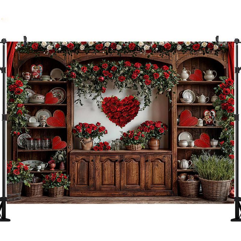 LS Valentine's Day Kitchen Cabinet Photography Backdrop Wooden Cupboard Wall Red Heart Decor Photocall Studio Background