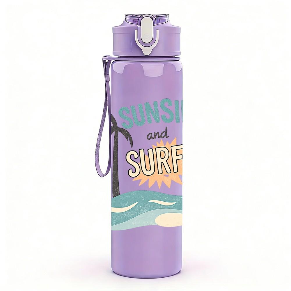 1PC Sunshine Palm Beach Summer Vacation Print 750ml Color Plastic Sports Water Bottle Leakproof Flip Straw Lid Suitable for Sports Office Home Use