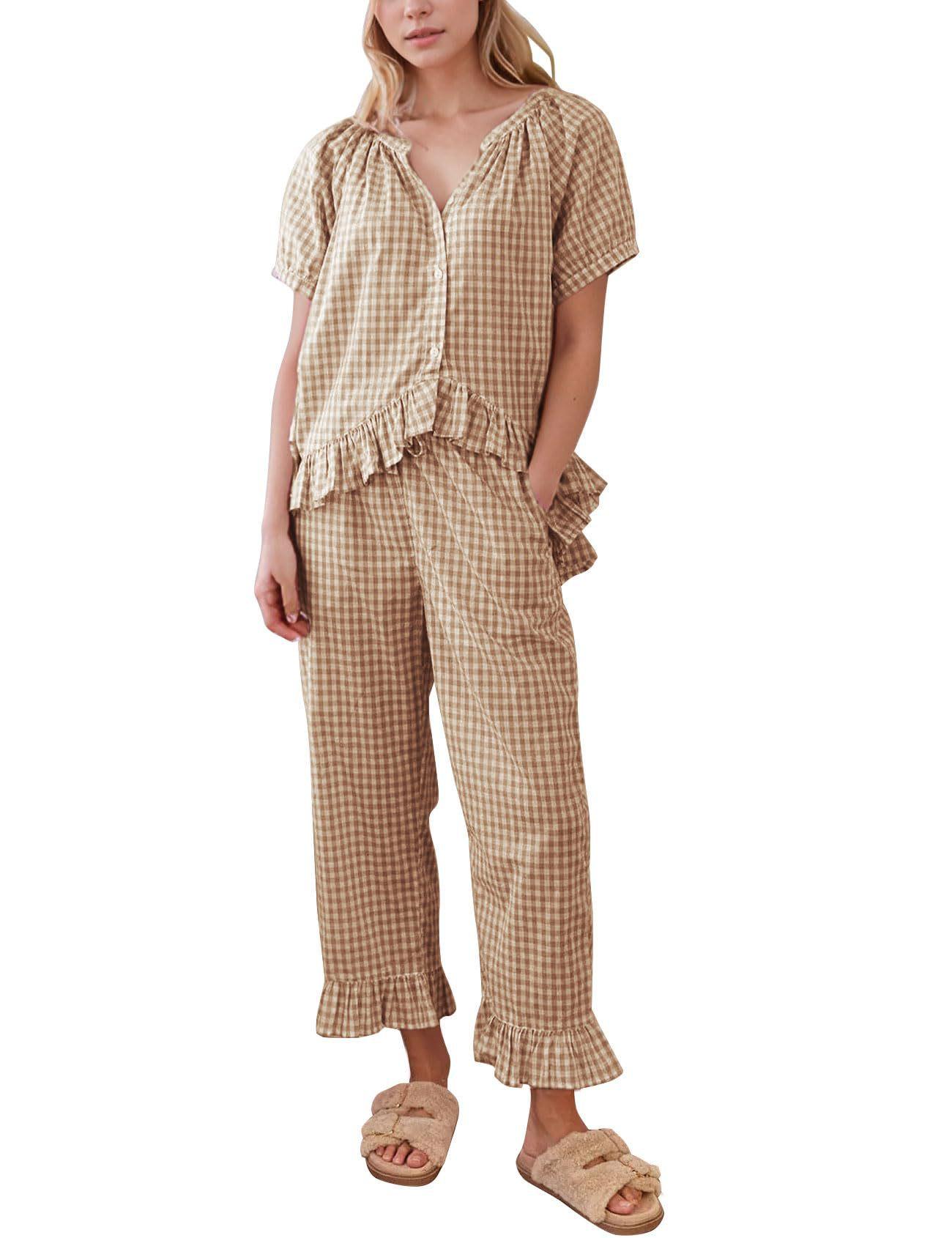

Women s Pink Checkered Sleepwear Set with Ruffled Neckline and Pockets, Short Sleeve Top and Long Pants XXL хакі