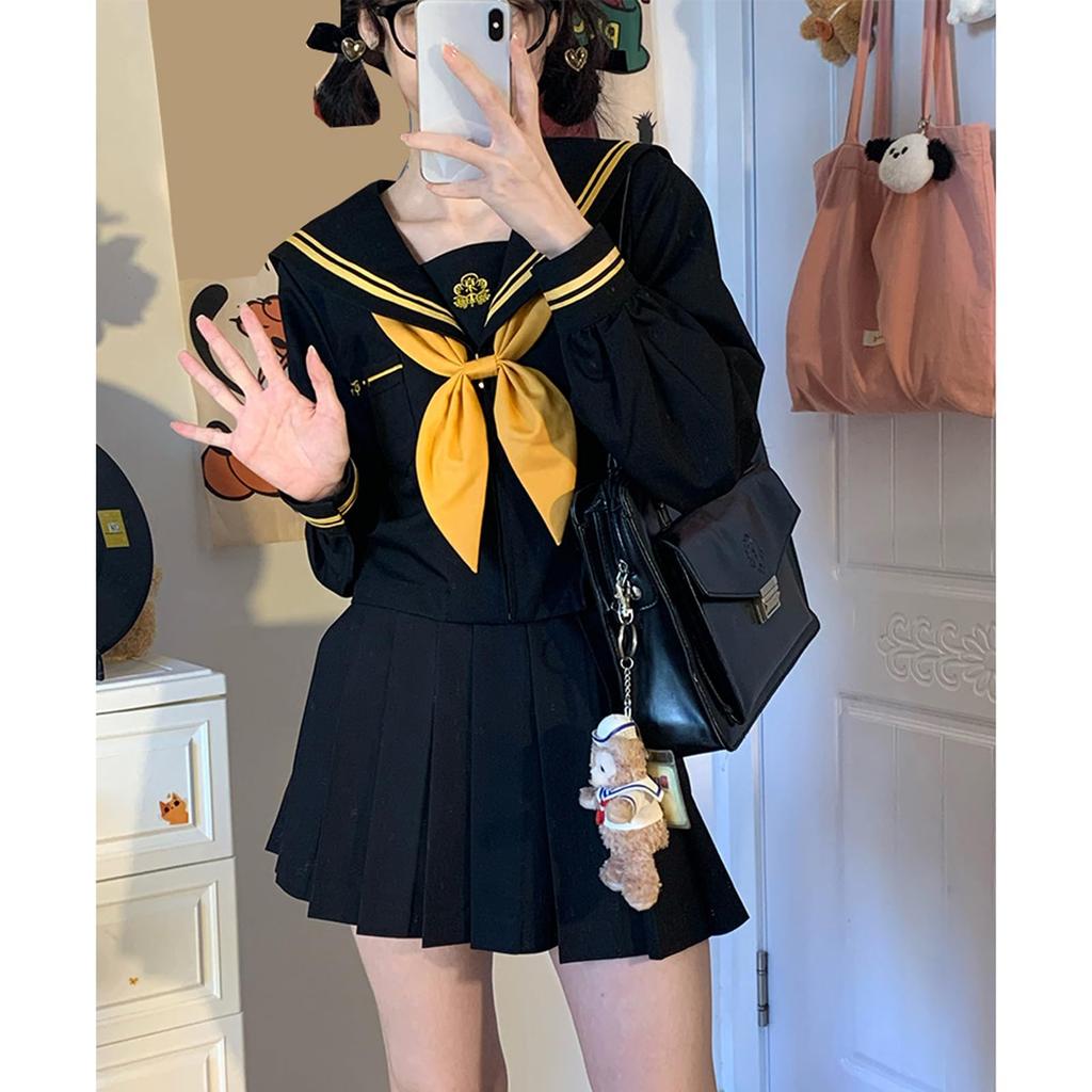 Longpen School Authentic Sailor Lolita Yellow Pleated Classic Cosplay Long JK Sailor School Lolita Costume for Photo Cultural Halloween Uniform, Suit,