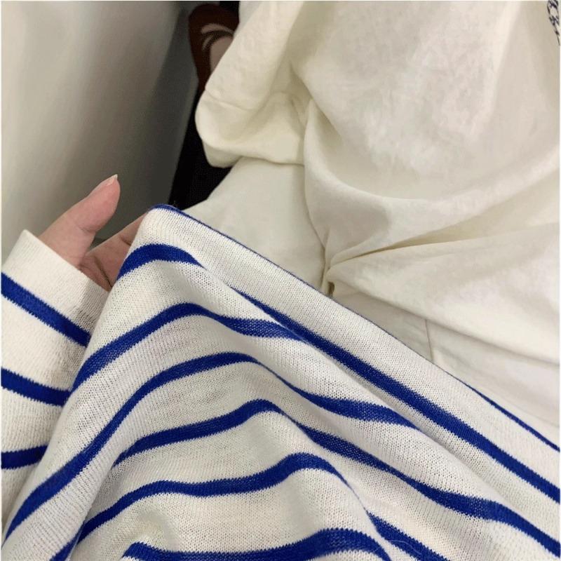 Simple lazy style striped long-sleeved T-shirt women's summer loose ice silk breathable thin outer blouse top