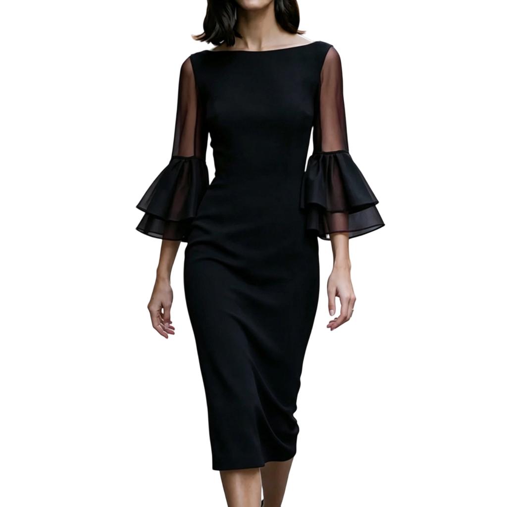 Damen schulterfreies farbiges eng anliegendes Kleid mit doppellagigen ausgestellten Ärmeln für formelle Party