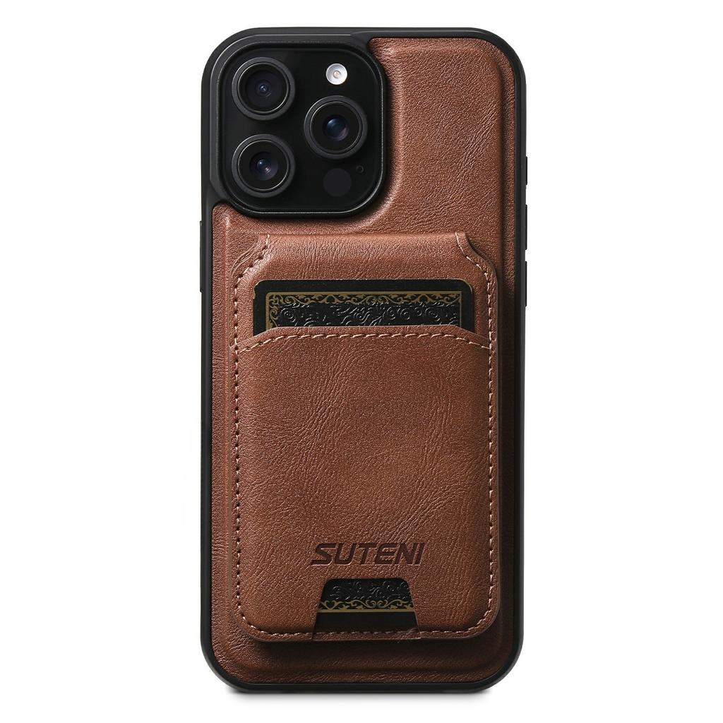 SUTENI M5 For iPhone 15 Pro Max Magnetic Case with Card Bag Cowhide Texture Leather Phone Back Cover