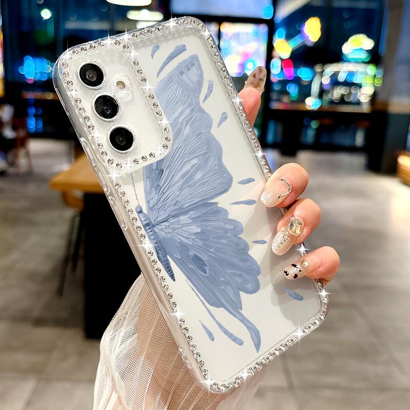 Butterfly Pattern Clear Phone Case For Samsung S25 Ultra S24 FE S23 S22 A56 A36 A16 A15 A55 A35 Diamond Frame Shockproof Soft Silicone Cover