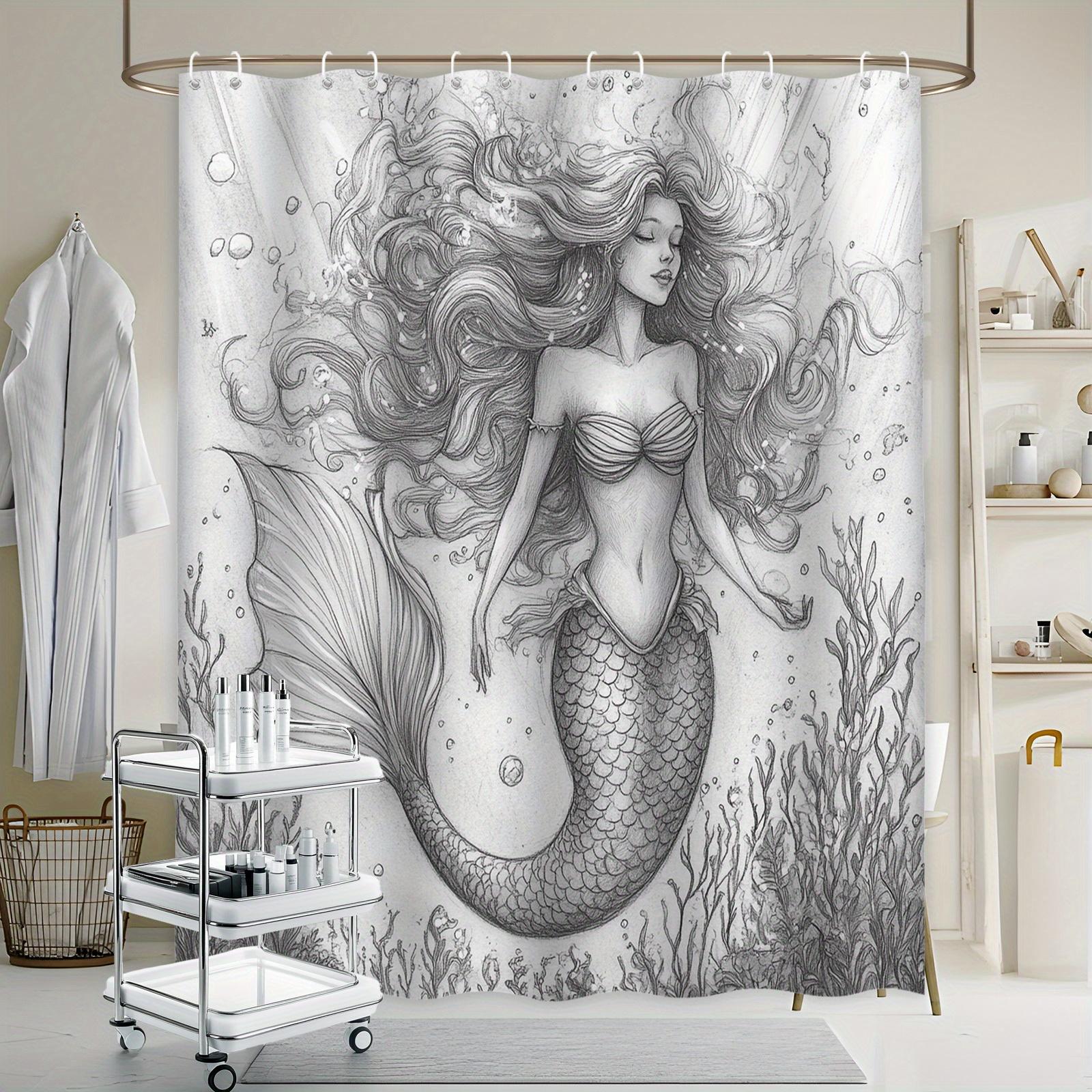

Mermaid Shower Curtain Black And White Sketch Artistic Design Ocean Theme Waterproof Fabric Fantasy Bathroom Decor W60H190(CM)-1 Pcs
