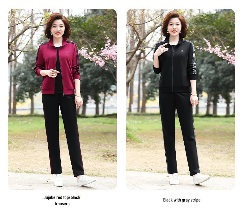 Women's Spring/Fall Casual Sportswear Set: Loose Fit Long-Sleeve Jacket & Sweatshirt, Plus Size, 2-Piece for Middle-Aged & Elderly