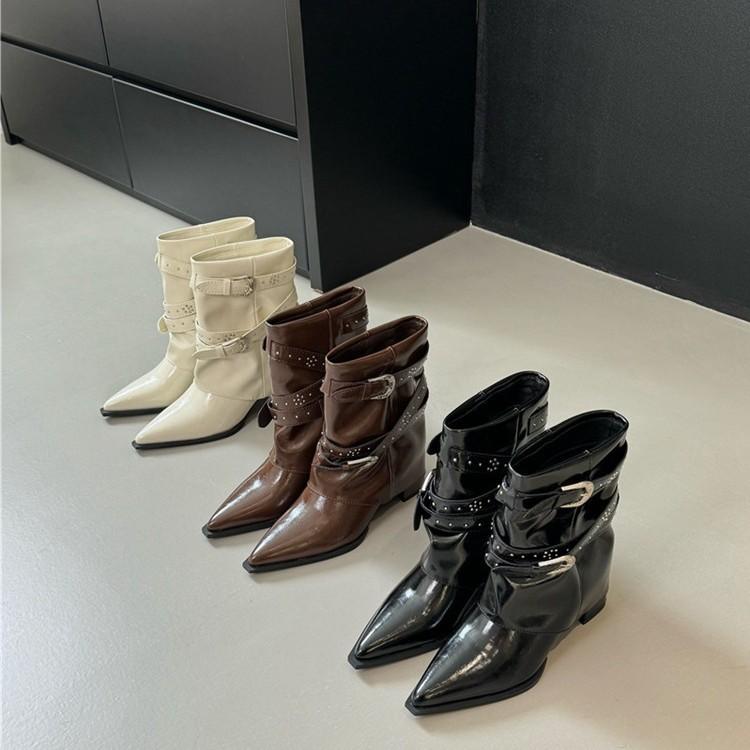 High heel boots thick heel pointed trouser tube boots short boots women's 2025 autumn and winter new rivet belt buckle sleeve fashion boots women