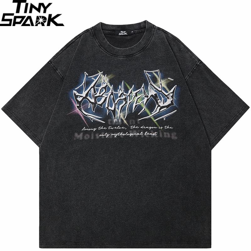 Hip Hop Retro Streetwear Vintage Washed Black TShirt Hipster Letter Graphic Shirt Cotton Unisex Tshirt Men Tops Tees Dope