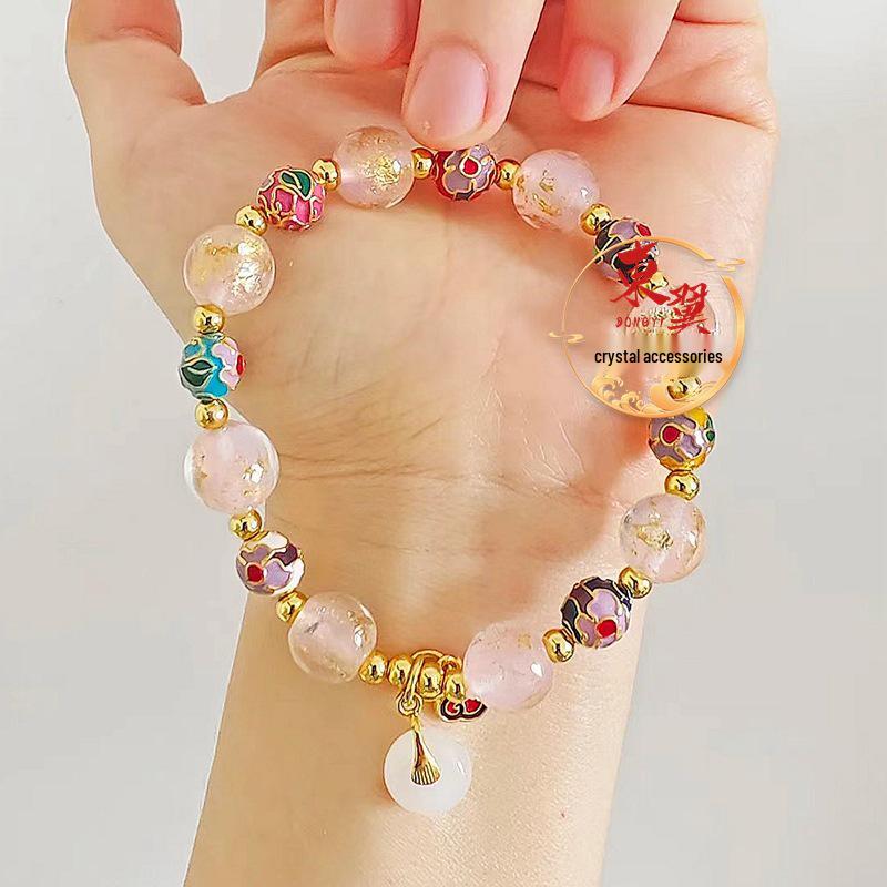 Pink Gold Foil Cloisonné Ruyi Good Luck Women s Bracelet with Ash Porcelain Glaze Beads