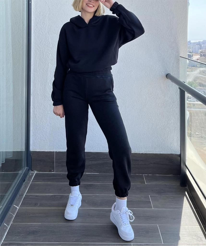 2023 Autumn/Winter Women's Solid Color Hooded Sweatshirt Two-Piece Set - Sports Casual