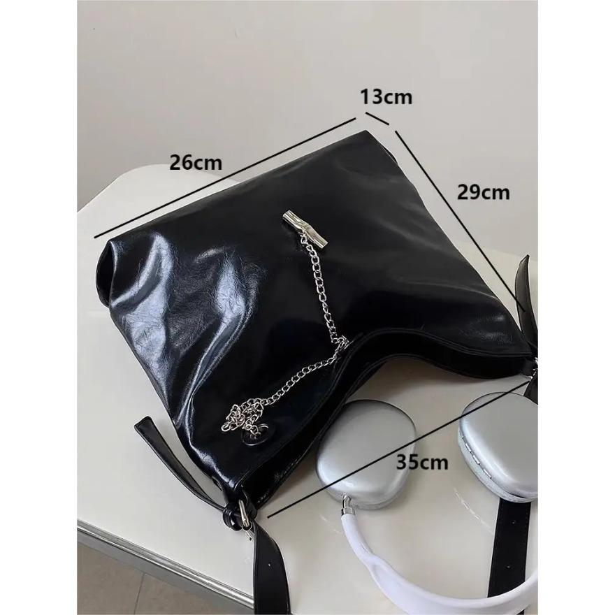 Vintage Schwarze Kette Damen Tragetaschen Mode Einfache Pendler Schulter Umhängetaschen Lässige Handtaschen mit großer Kapazität für Frauen