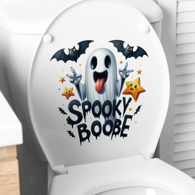 Halloween Ghosty Pumpkin Toilet Cover Stickers Waterproof Pumpkin Ghosty Toilet Lid Decals Halloween Bathroom Decors