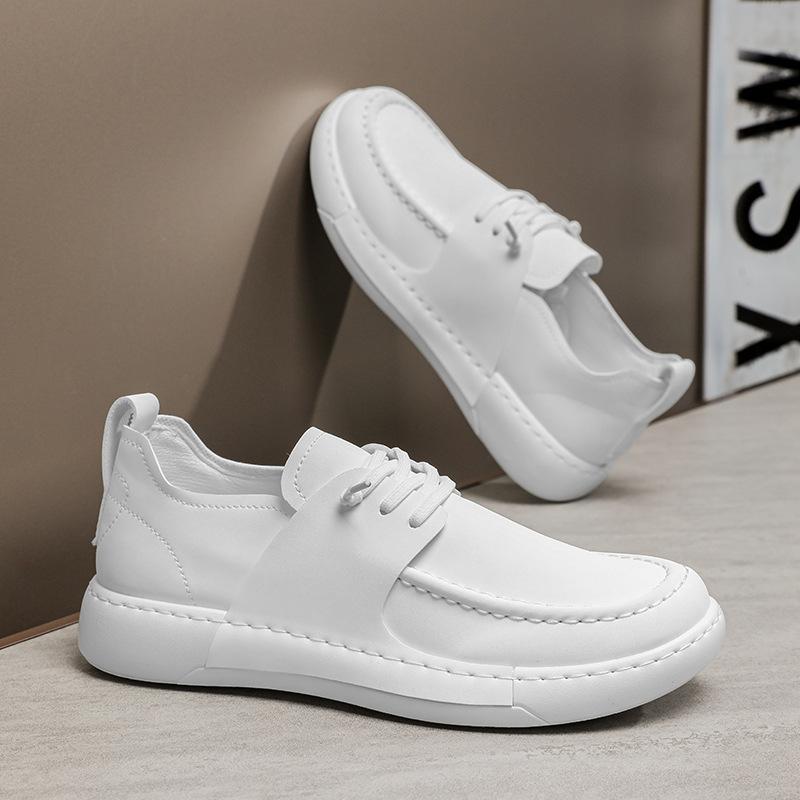 Fashion Men's British-Style Leather Lace-Up Sneakers Non-Slip White Casual Shoes Trendy Versatile Streetwear Footwear for Daily Comfort