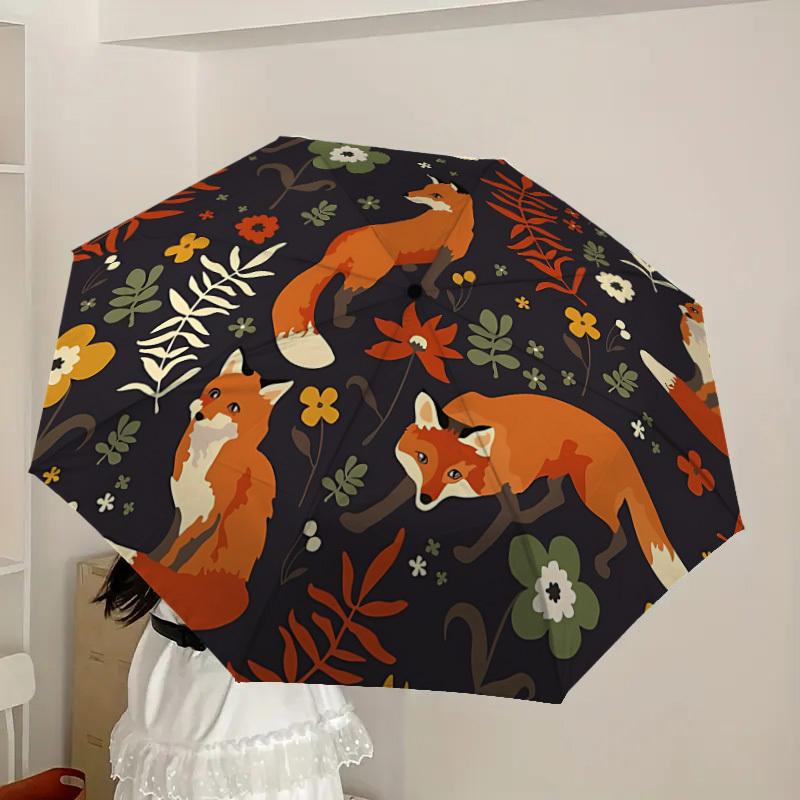 1pc Foxes, Floral Pattern Auto Umbrella Durable Iron Frame & Plastic Handle, Gift for Men & Women, Sturdy Construction Y250905181