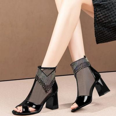 Fashion Fish Mouth Sandals Spring New Round Head Open Toe Mesh Cloth Breathable After Zipper Anti-slip Wear-resistant High Heels
