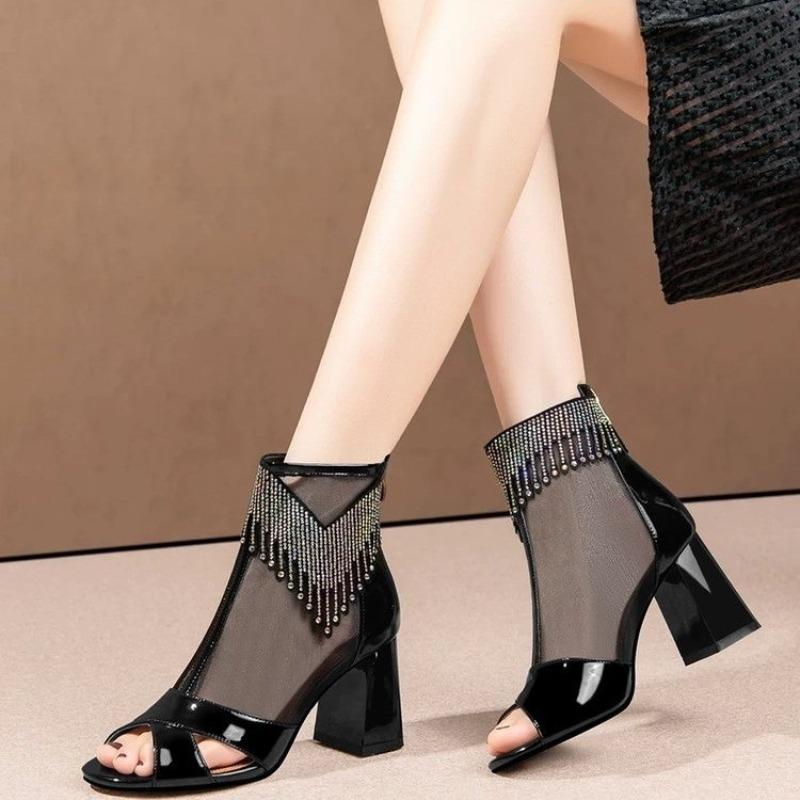 Fashion Fish Mouth Sandals Spring New Round Head Open Toe Mesh Cloth Breathable After Zipper Anti-slip Wear-resistant High Heels