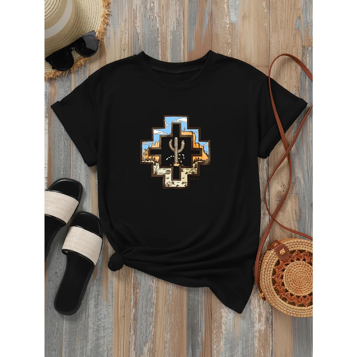 

Vintage Cactus Print Fashionable Tee Chic Vintage Cactus Print T Shirt Perfect for Summer Fall Plant Pattern Fashionable S чёрный