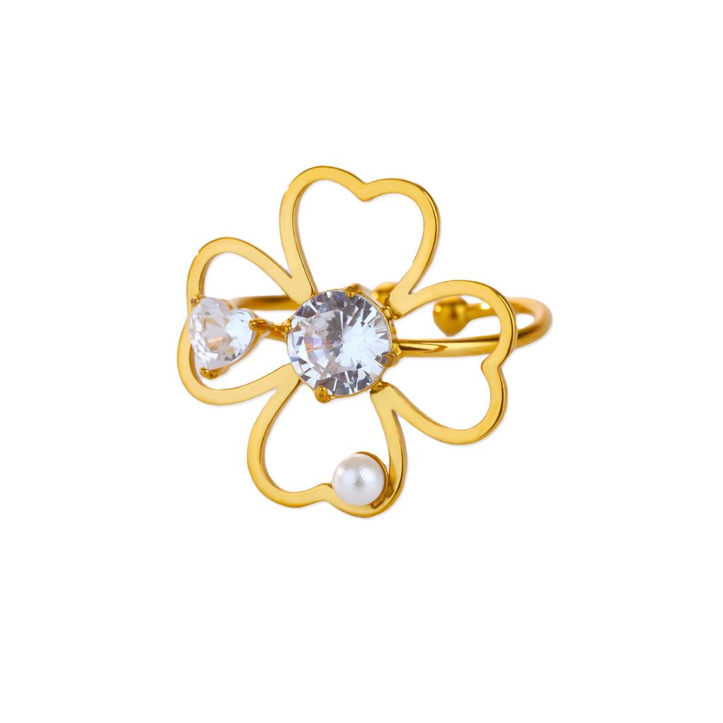 Zircon Four Leaf Clover Rings For Women Gold Color Stainless Steel Opening Couple Ring Aesthetic Wedding Bohemian Jewelry Gift