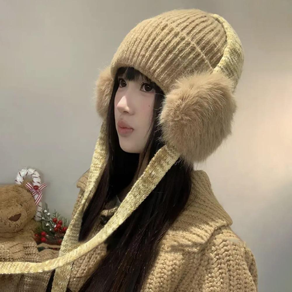 Knit Ear Flap Beanie Cuffed Cuffed Winter Hat Retro Ear Flap Hat For Women