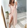 Vestito casual da festa multiuso con spacco lungo, a maniche lunghe, scollo a V, tinta unita, da donna