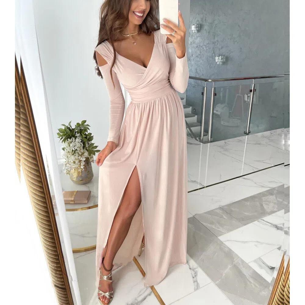 Vestito casual da festa multiuso con spacco lungo, a maniche lunghe, scollo a V, tinta unita, da donna