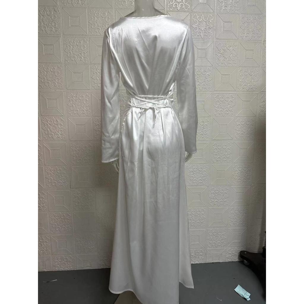 Women's Round Neck Long Sleeve Solid Colorwith Tie Back Elegant Long Dress 