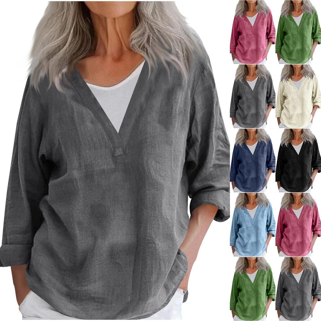 Mote Dame Casual Bomull Lin V-hals Langermet Genser Topp