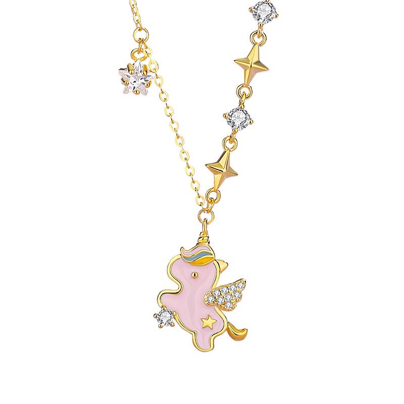 Tichia Rainbow Unicorn Necklace: S925 Silver Starry Collarbone Chain for Women