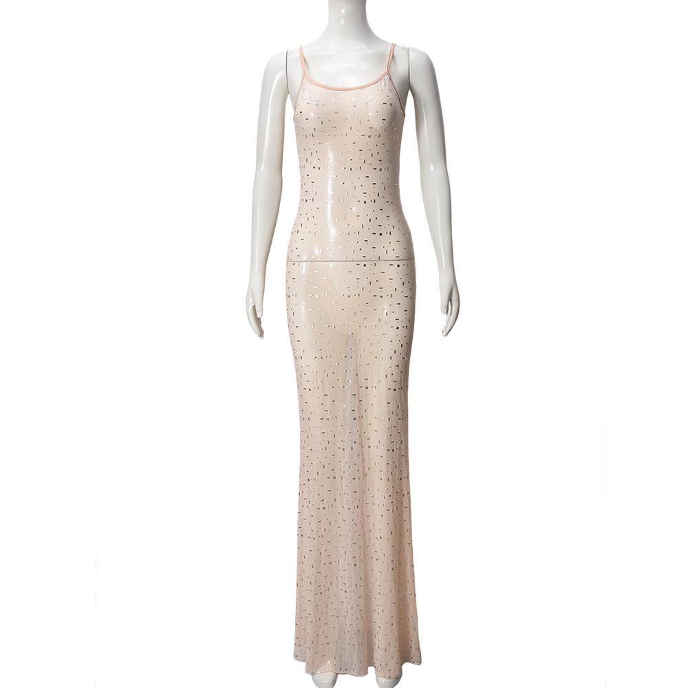 Women s Spaghetti Strap Sleeveless Maxi Dress Bodycon Mid Rise Sexy Rhinestone Mesh Mermaid Dress S