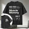 Used Washed Grafik T-Shirt, Oversized Baumwoll-T-Shirt, Muscle Mommy Fitnessstudio Kunstdruck, Retro Trainings-Kurzarm-Oberteil