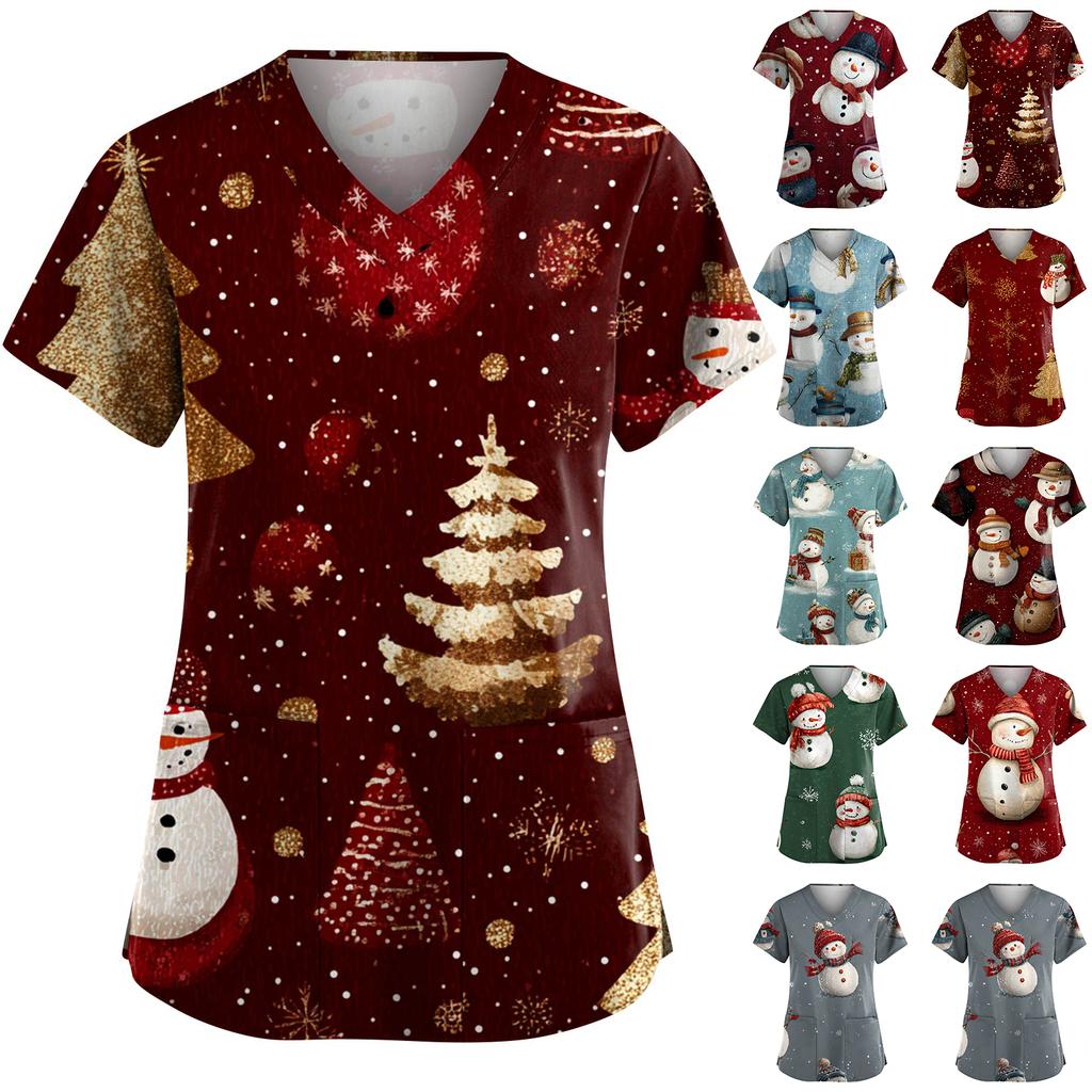 Women's Fashion V-Neck Short-Sleeved Workwear With Pockets Christmas Print Top Caregiver Uniform