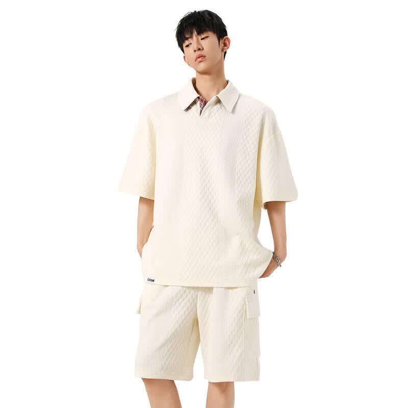 Izzueit Men's Summer Waffle Knit Polo Shirt and Shorts Set