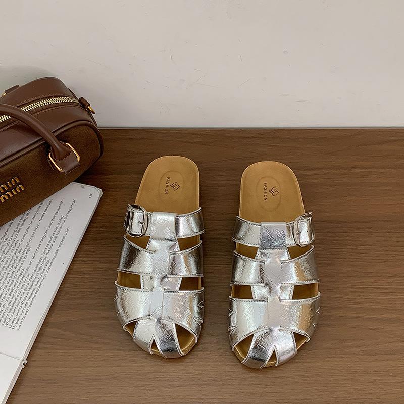 Baotou half slippers women's 2025 summer new woven hollow Roman cool slippers thick bottom one pedal Birkenstock