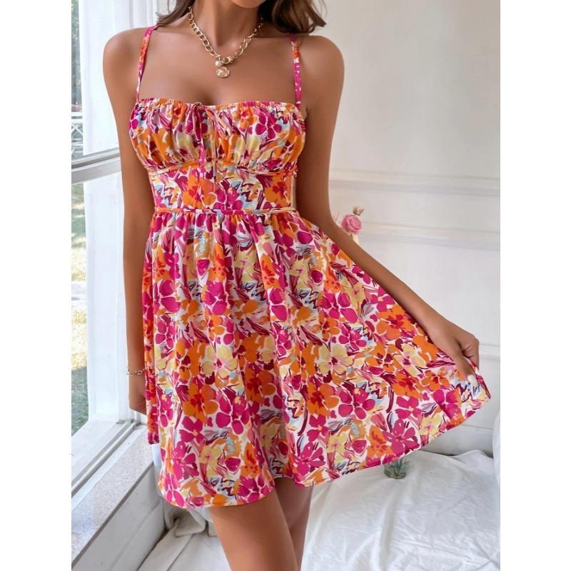Rochie de vacanță pentru femei, cu imprimeu floral, gât pătrat, cu bretele, fără mâneci, scurtă, linie A