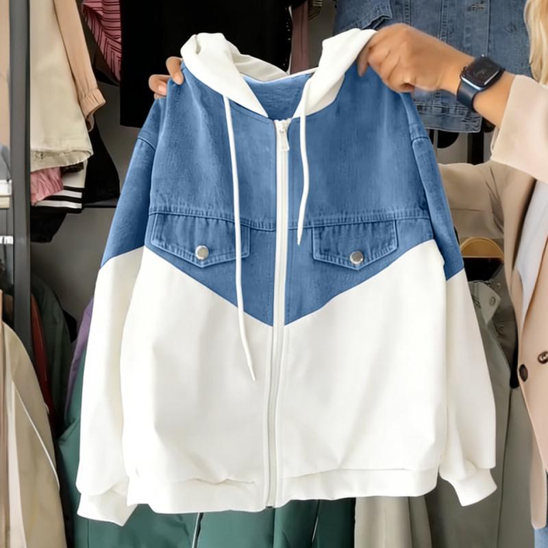 ZANZEA Women Casual Hoodies Long Sleeve Patchwork Zipper Sweatshirt Outwaear