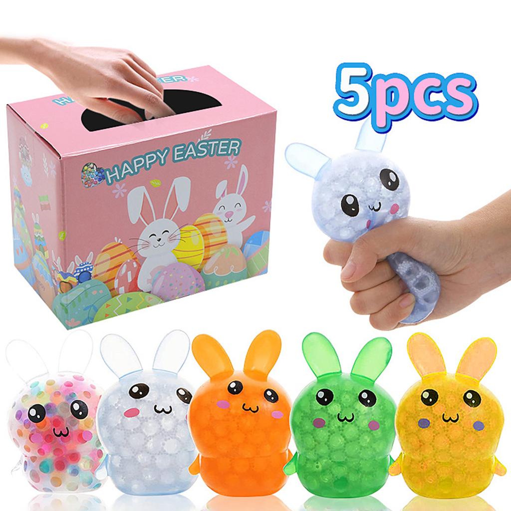 Easter Bunny Squeezable Toy Set (5pcs), TPR Bead Bunny For Stress Relief