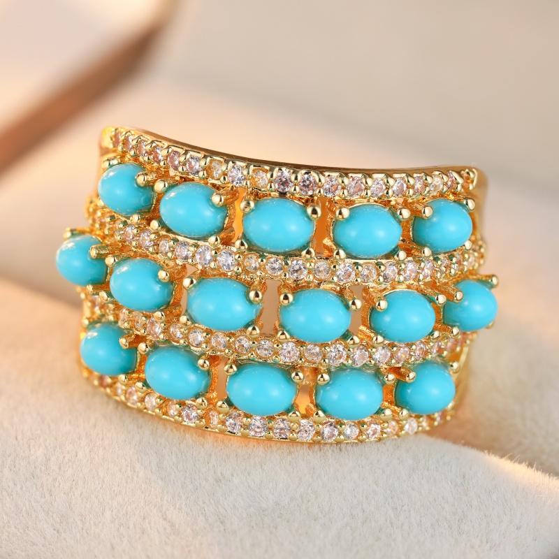 Dazzling Inlaid Imitation Turquoise White CZ Women's Ring Gold Color Geometry Daily Wear Party Jewelry Anniversary Gift