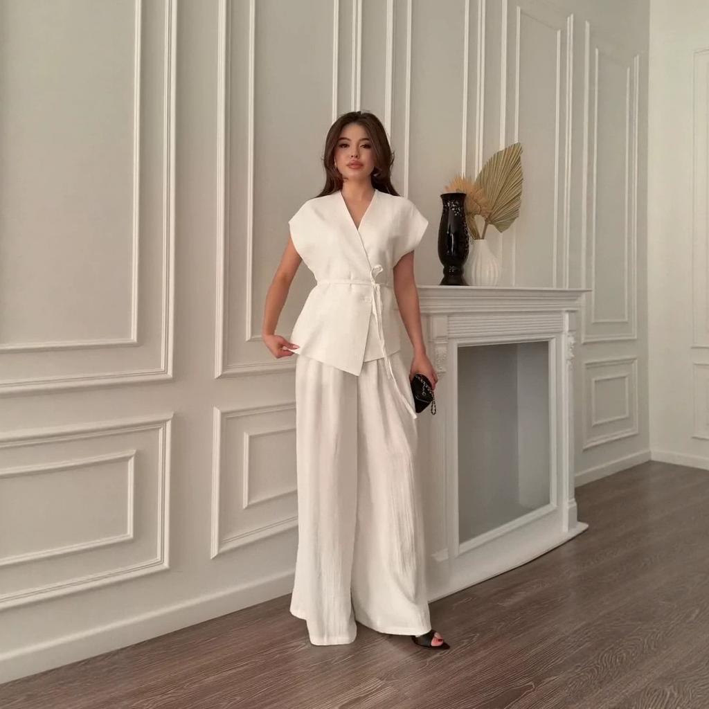European and American Amazon Women's New V-Neck Short Sleeve Thin Belt Waist Cardigan High Waist Wide Leg Pants Casual Suit