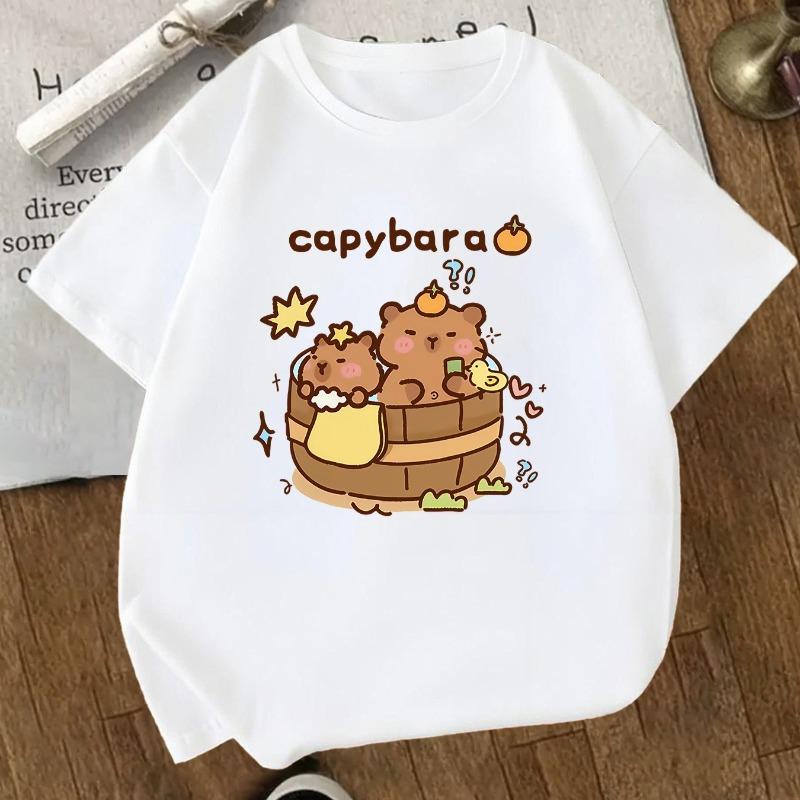 Kids Crewneck Short Sleeve Tee, Capybara Pufferfish Print Sports Casual Top for Kids 110 белый