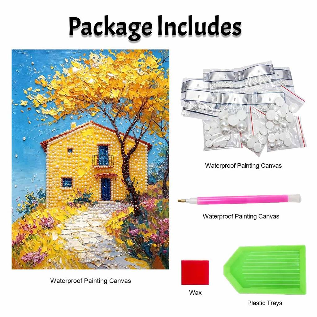 DIY Frameless Pearl Painting Kit Yellow House Scenery 3D Shiny Bead Art Canvas Relaxing Craft for Home Wall Decor Gift Handmade Artwork
