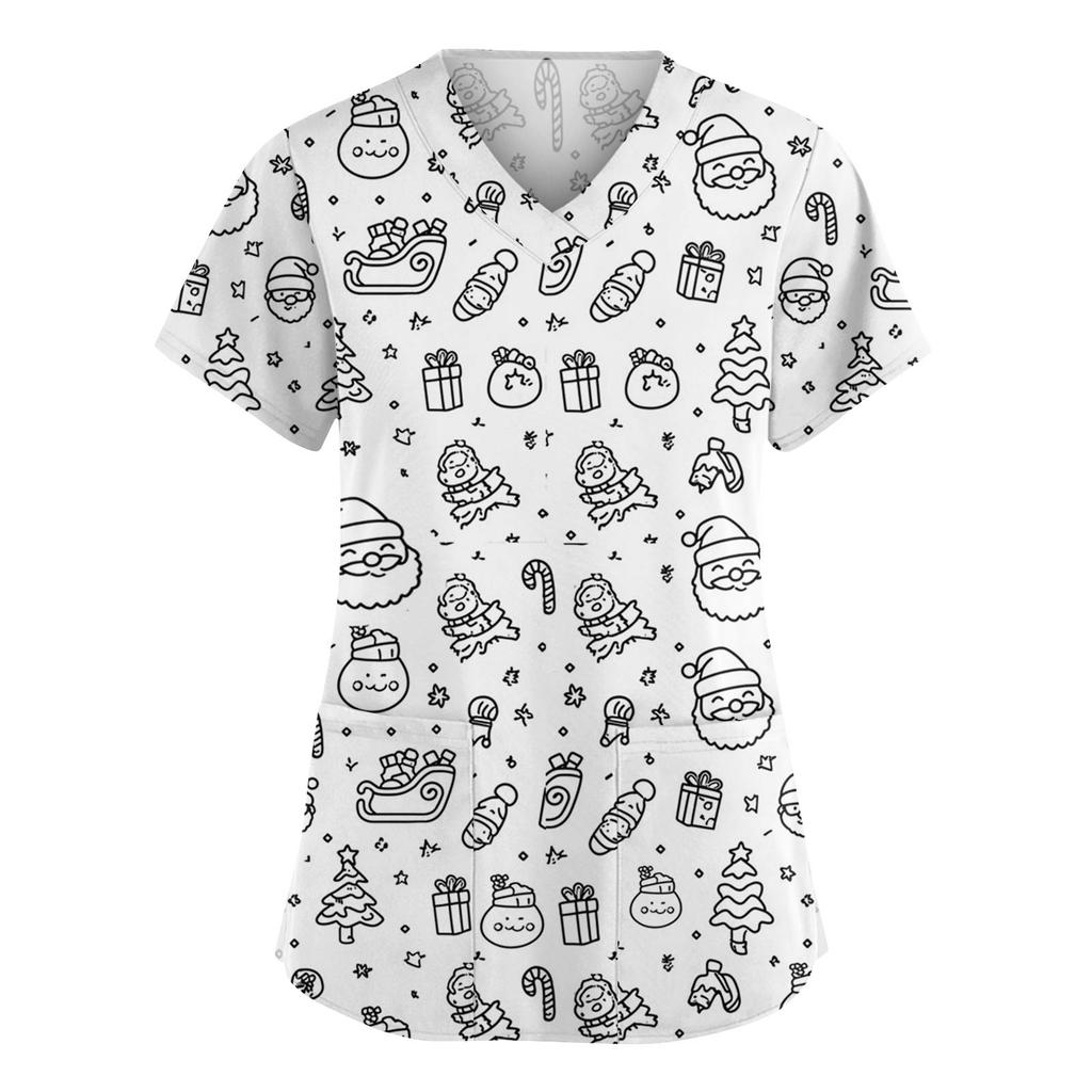 Damenmode V-Ausschnitt Kurzarm Overalls mit Taschen Print Tops Kleidung