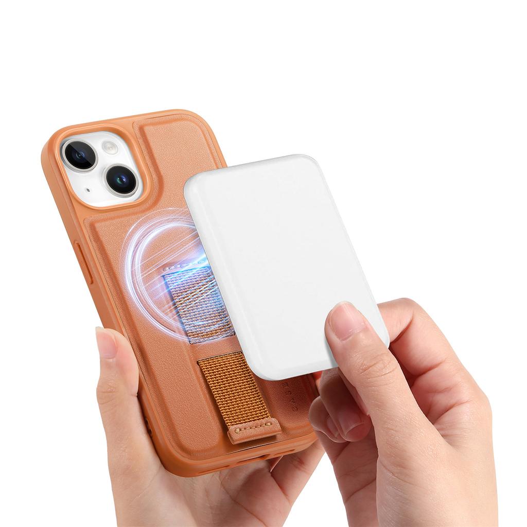 For iPhone 15 Plus/iPhone 14 Plus Magnetic Case CASENEO Wristband PU Leather+PC Shockproof Phone Cover