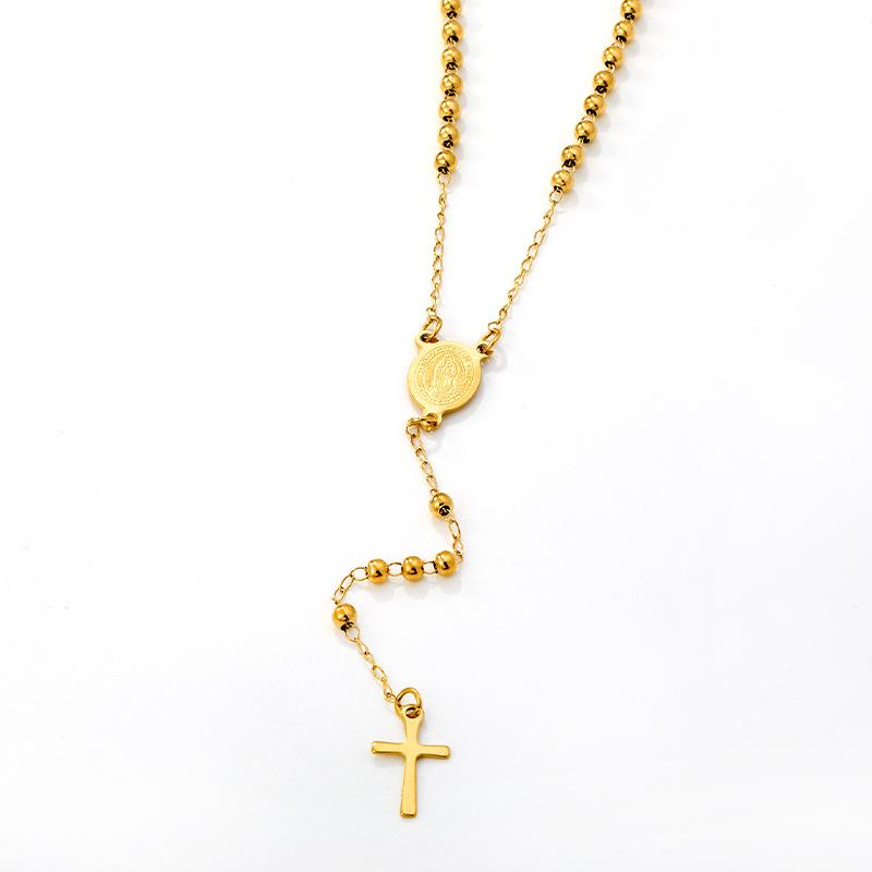 

Trend 2026 Long Rosary Beads Chain Cross Pendant Necklaces Stainless Steel Gold Plated Virgin Mary Oval Bar V-Neck Tassel Collar