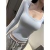 Women's Blue U-Neck Spicy Slim Fit Long Sleeve Top for Autumn and Winter
