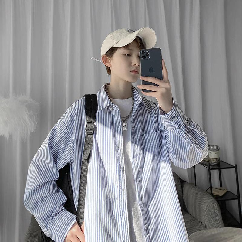 Japanese blue and white striped long-sleeved shirt men's new summer casual white shirt high-end jacket