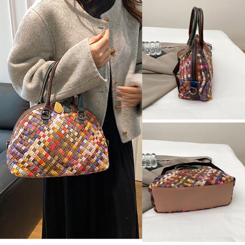 Barevná taška z pravé kůže, pletená, nový módní design, luxusní, vysoce kvalitní, pruhovaná, všestranná, taška ve tvaru mušle, dámská taška přes rameno, messenger taška