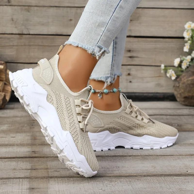 Shoes Female 2025 Knitted Women's Vulcanize Shoes Outdoor Solid Women Sneakers Round Toe Lace Up Platform Ladies Casual Shoes