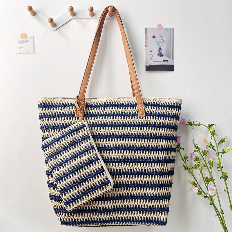Woven Straw Tote Bag With Zipper Closure For Casual Travel And Summer Outings